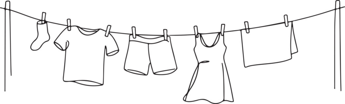  simple continuous line drawing of laundry drying on clothes line, line art vector.