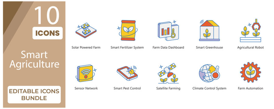 Smart Farm Editable Flat Outline Icons Bundle