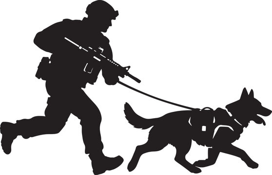 Tactical soldier running with a trained k9 service dog in a dynamic silhouette vector.