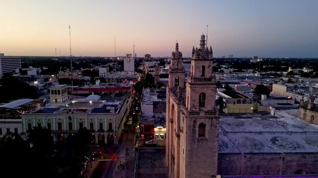 Aerial view of Merida Cathedral in Mexico's historic center at dusk