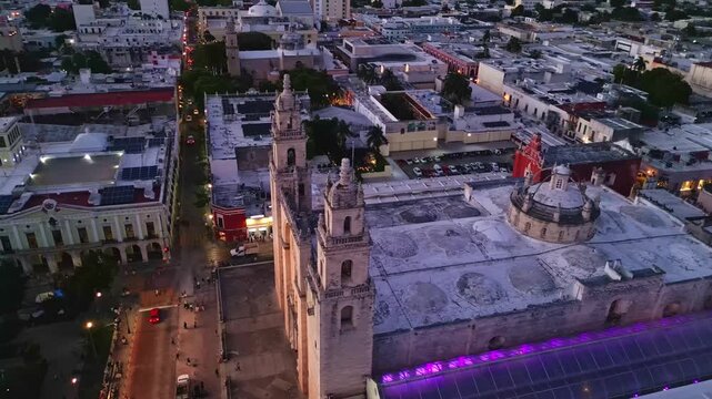 Aerial View of Merida Cathedral at Twilight