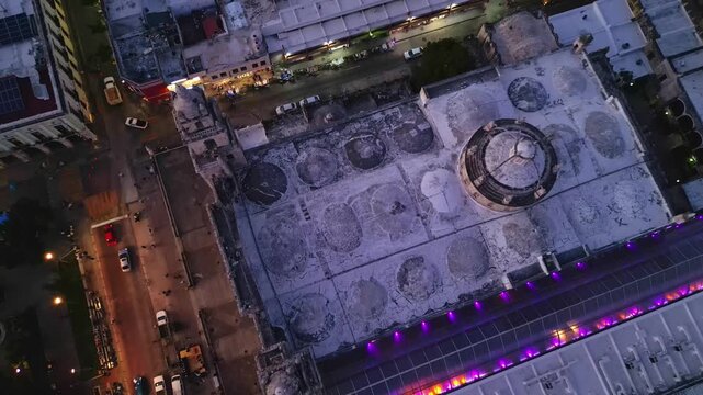 Aerial view of Merida Historic Center and traffic at night