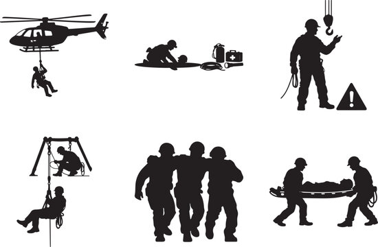  Worker safety with rigging and confined space rescue silhouette vector