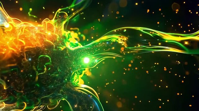 Vivid green and orange energy splash flowing on dark background, dynamic abstract motion