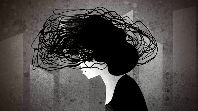 woman walking through the city surrounded by tangled thoughts