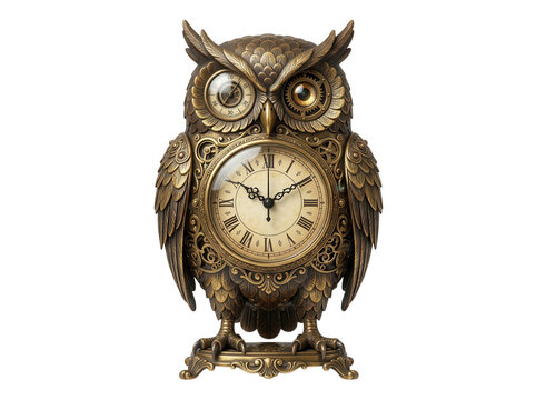 Antique steampunk owl clock with intricate mechanical gears and roman numerals isolated on a solid black white background isolated on a transparent background