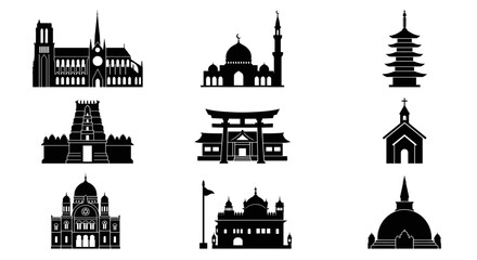 Religious landmark and cultural building silhouette icons. © Malah