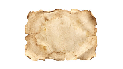 Fototapeta premium Aged and burnt parchment paper with rough edges on a white background.
