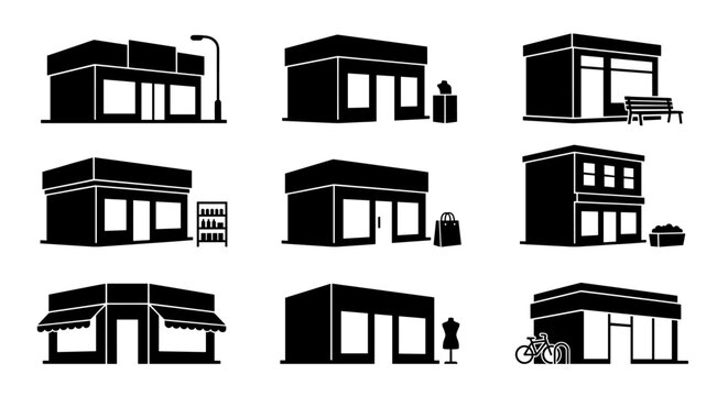 Modern shopfront and urban commercial store icons