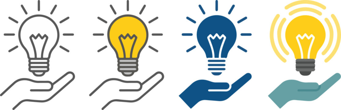 Creative Idea Icon Set Collection, Hand Holding Light Bulb, Innovation, Inspiration, Outline, Glyph, Solid and Flat Color Vector Icons for UI UX and Business
