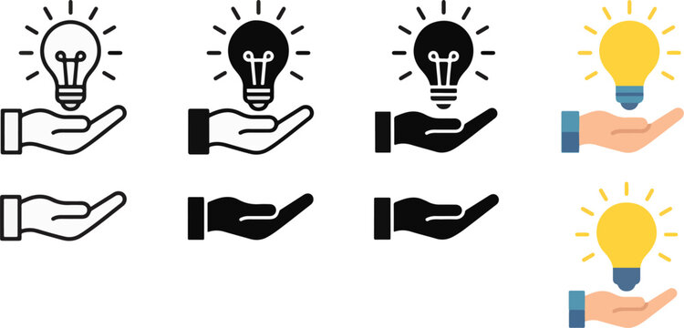 Creative Idea Icon Set Collection, Hand Holding Light Bulb, Innovation, Inspiration, Outline, Glyph, Solid and Flat Color Vector Icons for UI UX and Business