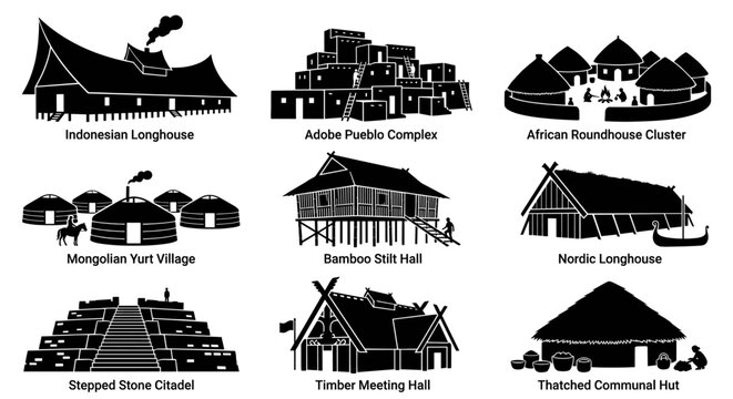 Traditional ethnic dwellings and historic housing icons.