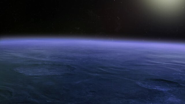 Dark blue alien planet surface with glowing atmospheric light in this cinematic space animation motion clip