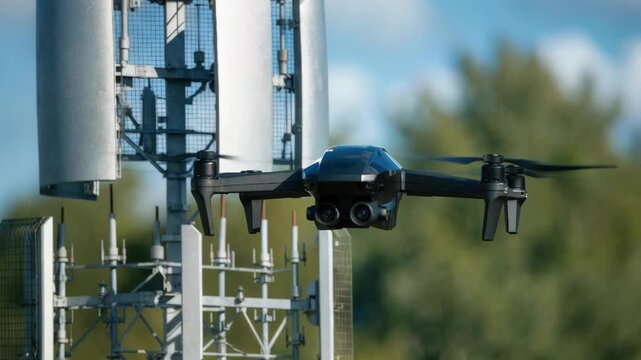 Medium shot of a drone closely flying past a tall communications tower antennas sharply detailed with blurred background for precise remote inspection.