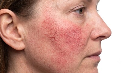Naklejka premium Facial Rosacea Flushed Cheek with Visible Red Capillaries Side View Close Up