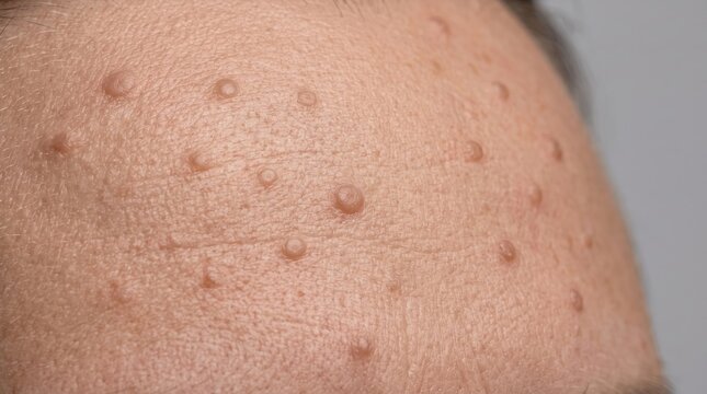 Multiple Small Skin Tags or Molluscum Contagiosum Lesions on Forehead Skin Close Up