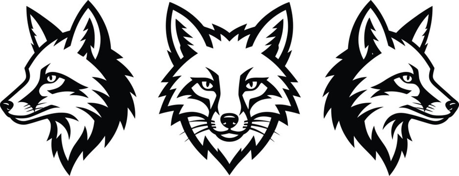 Fox head vector illustration set showing profile and front views in black and white style