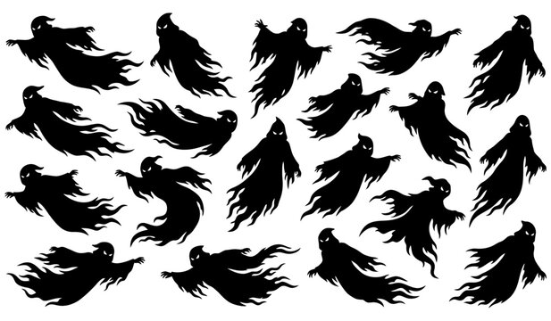 A spooky collection of Halloween ghost silhouettes featuring scary flying ghosts and terrifying spirits, grim reaper vector illustrations, isolated on a white background.
