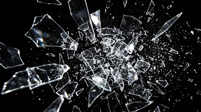 Abstract representation of broken glass exploding into sharp fragments isolated over a dark black background.