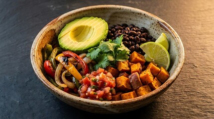 Fototapeta premium A vibrant flame-vegetarian fajita bowl served in a rustic ceramic dish featuring roasted sweet potatoes, black beans, fresh avocado, salsa, and lime wedges