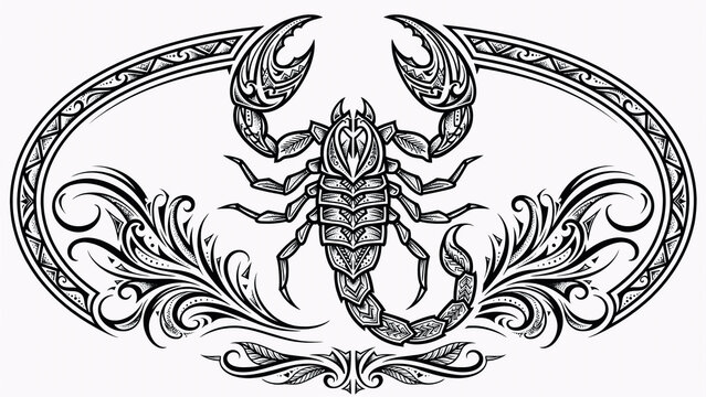 Ornamental black scorpion tribal tattoo design with symmetrical floral patterns, isolated on white background