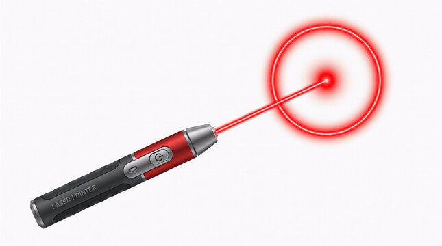 Realistic red laser pointer emitting a bright beam with glowing target circle isolated on white background