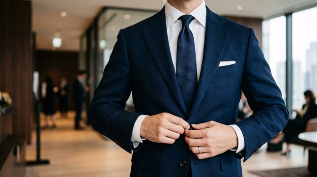 Close up of a male executive in a sharp navy suit buttoning his blazer in a corporate setting.