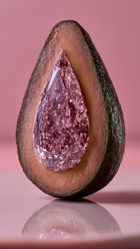 Vertical avocado half with pink gemstone pit.