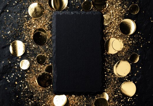 Vertical black slate board with gold glitter frame
