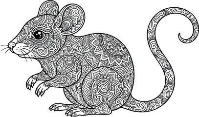 Intricate mandala mouse vector illustration with detailed ethnic paisley patterns and a curled tail for adult coloring book isolated on white background