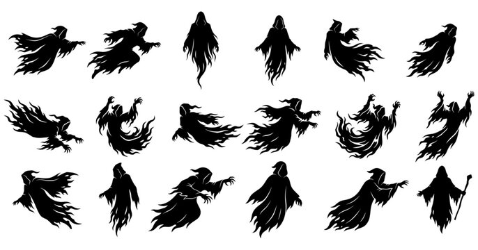 Collection of scary and scary Halloween ghost silhouettes. Vector collection of scary flying grim reaper, ghost and ghost spirit characters. vector illustration, isolated in white background