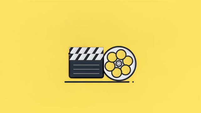 Animated clapperboard and film reel on yellow background