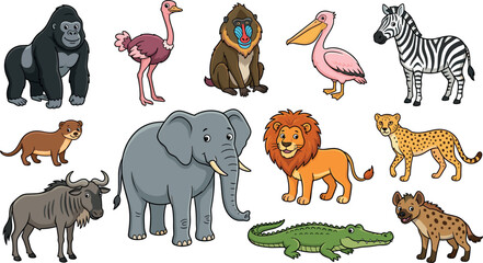 Cute cartoon African safari wild animal vector illustration set including elephant lion zebra gorilla cheetah and crocodile isolated on white background © MstBizly
