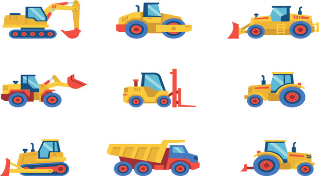 Construction Vehicles and Heavy Machinery Vector Icon Set with Excavator Bulldozer Dump Truck and Tractors for Industrial Building Web DesignArt & Illustration