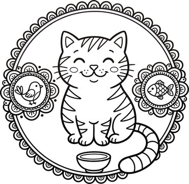 Cute cartoon tabby cat vector illustration framed in a circular lace mandala with milk bowl small bird and fish for kids coloring book