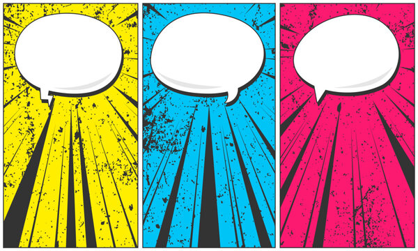 Colorful comic set background with blank spech bubble and grunge effect