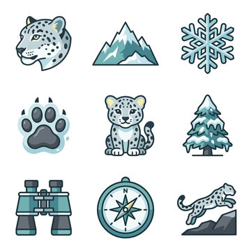Snow leopard icon set featuring leopard head, cub, paw print, mountains, snowflake, binoculars, compass, and snowy pine tree in flat vector style for wildlife conservation and nature.