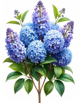 Vibrant blue-purple blossoms cluster on a leafy branch against white