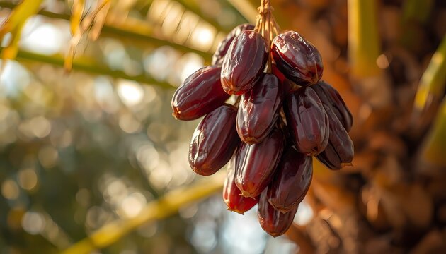 Close-up of fresh ripe dates hanging from a date palm tree, rich textures, warm sunlight, shallow depth of field, photorealistic, premium food photography, HDR, 8K.