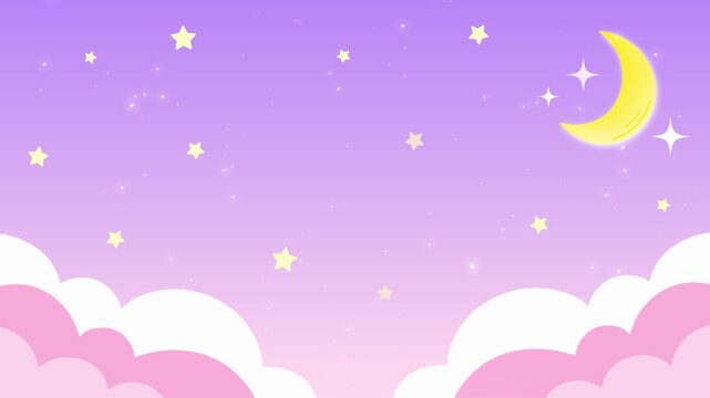 Stars and moon shining in the night sky.Abstract pastel color cute background.Glittering dreamy lights.Animation loop video.     夜空　CG 動画　キラキラ　光る　ゆめかわ　夢かわいい　おしゃれ　ポップ　ファンタジー　メルヘン　抽象的