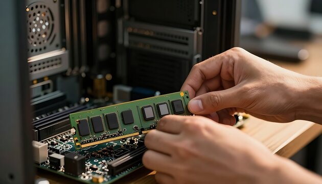A person's hands insert a green RAM module into a slot on a computer's motherboard, signifying a hardware upgrade or system building process.
