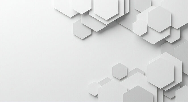 Minimal geometric white background with layered hexagonal shapes, subtle shadows, elegant paper texture, modern business presentation style