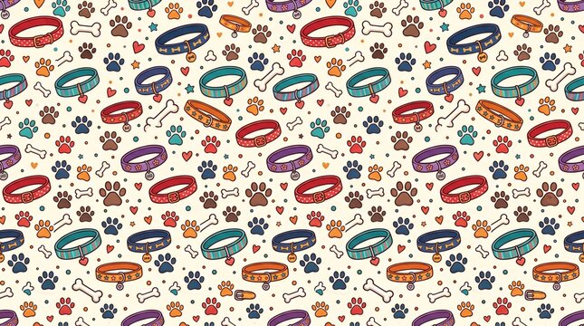 Seamless Pattern with Dog Collars Paw Prints and Bones