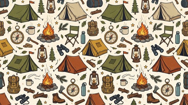 Vintage camping gear and outdoor adventure seamless pattern.