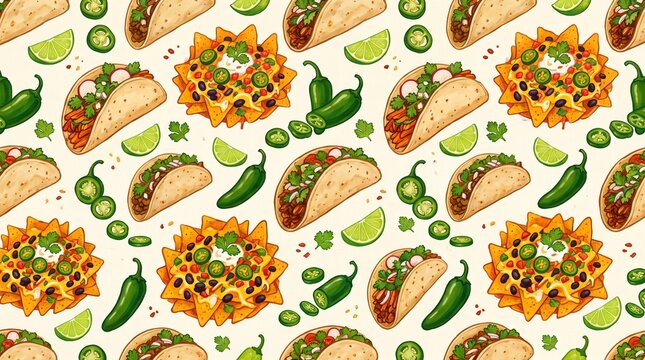 Seamless Mexican Food Pattern with Tacos Nachos and Jalape&ntilde;os
