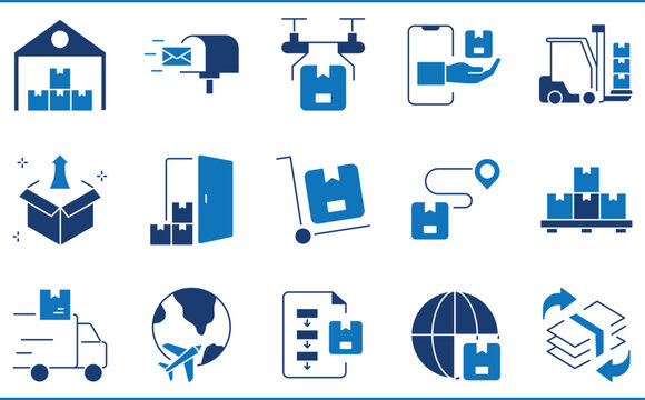 A set of icons related to Delivery. Deliver, package, business, transfer, drone, plane, cargo, worldwide, and so on.