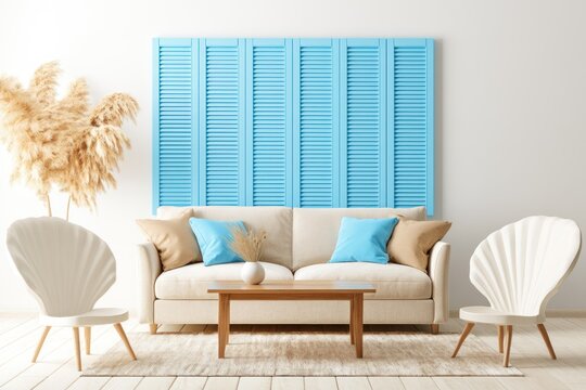 Bright living room with blue shutters and wooden table.