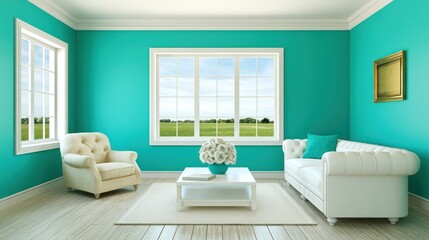 Fototapeta premium Bright spacious lounge area with white furniture and windows
