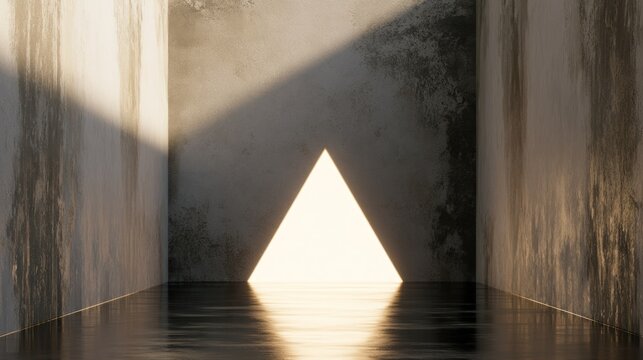 Bright triangle portal in concrete corridor.