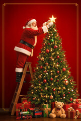 Fototapeta premium Santa Claus Decorating Christmas Tree with Glowing Star Topper.